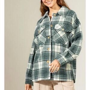 Green & Cream Plaid Casual Comfortable Jacket, Women's size L